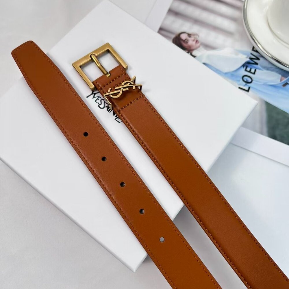 YSL Yves Saint Laurent Brown Cowhide Leather Belt Size 85 Gold Buckle - Picture 6 of 9